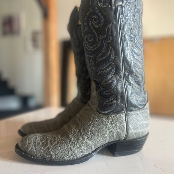 Vintage Tony Lama Gold Label Men's Leather Cowboy Boots Elephant Black Gray 10 - Picture 1 of 15